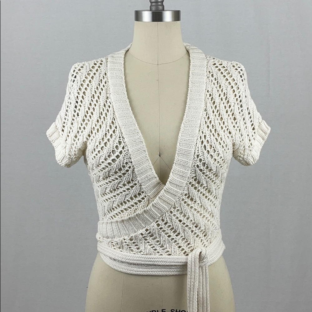 Theory Crocheted Cream Wrap Silk Blend Sweater